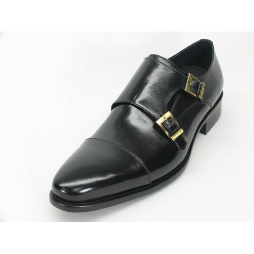 Carrucci Black Genuine Leather Shoes With Two Monk Straps KS099-302